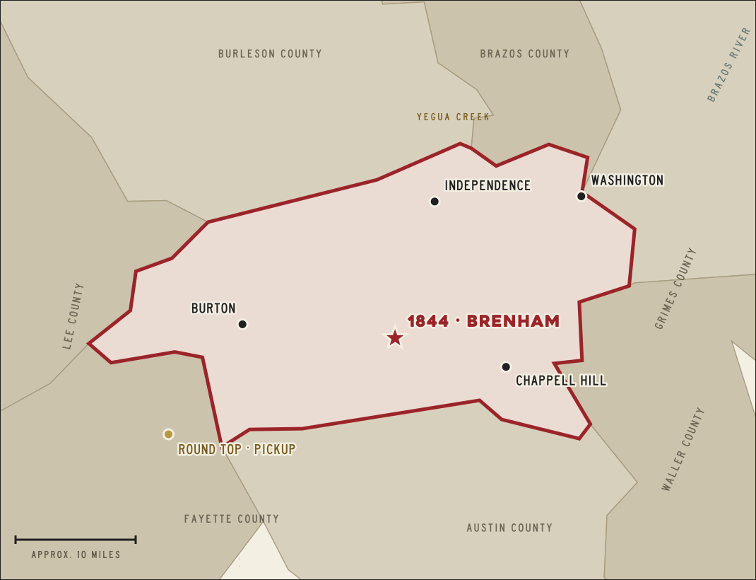 Map of the Washington County delivery area. Delivery inside the county line only. Round Top is outside, pickup only.